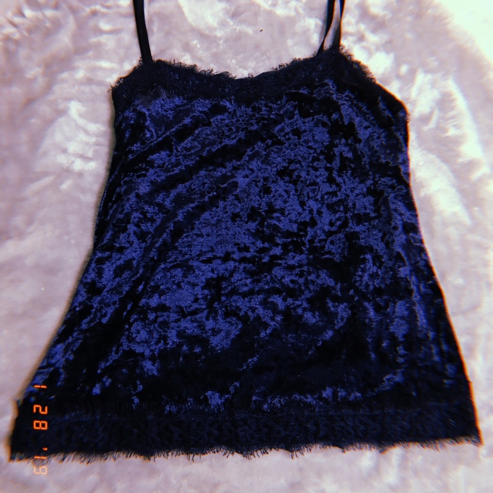 Blue crushed velvet & lace blouse